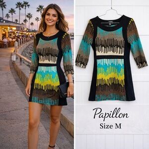Papillon Size Medium Abstract Knit Dress 3/4 Sleeve Colorblock